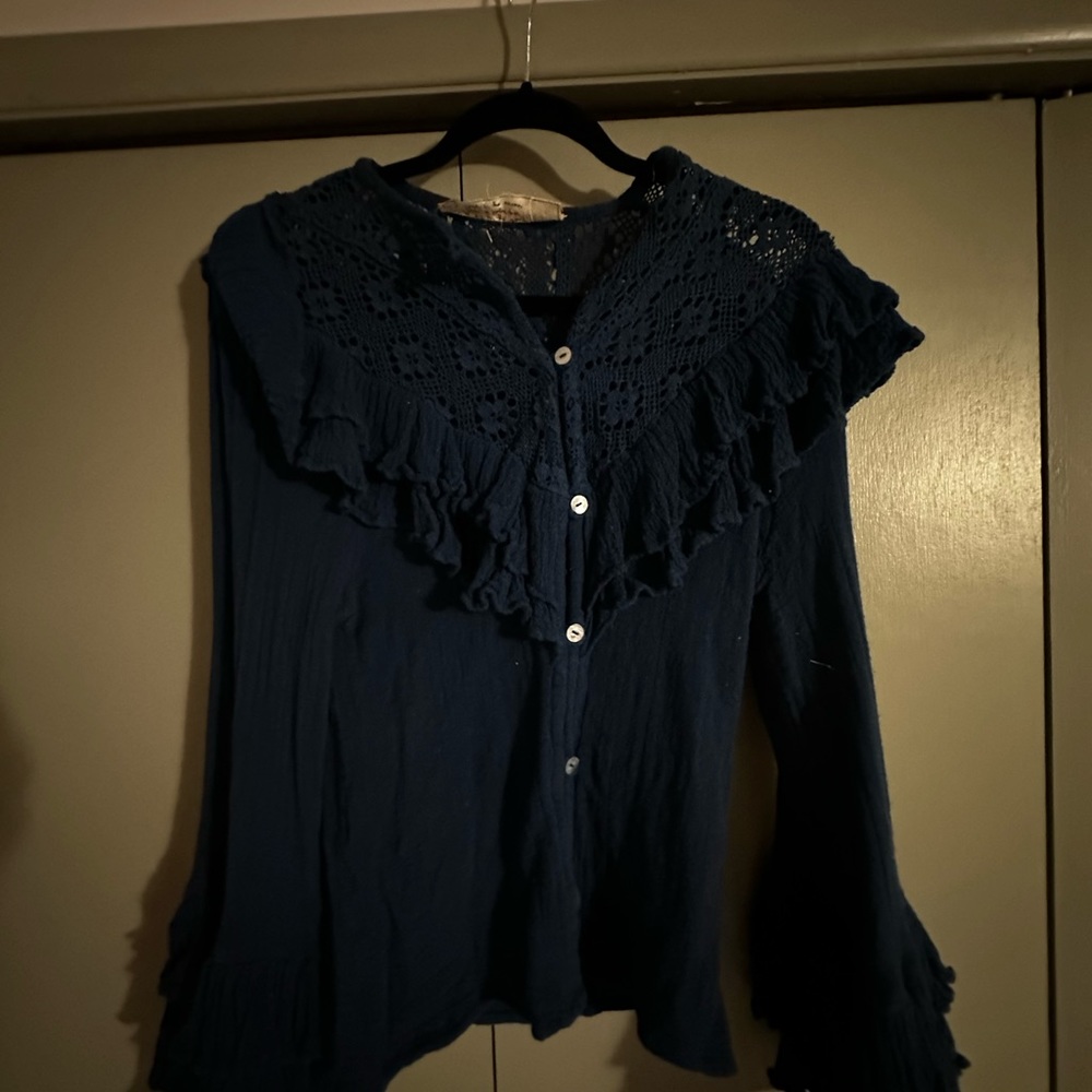 Jen’s Pirate Booty linen shirt with ruffles and ruffles. Deep blue. Size S. - Picture 12 of 14